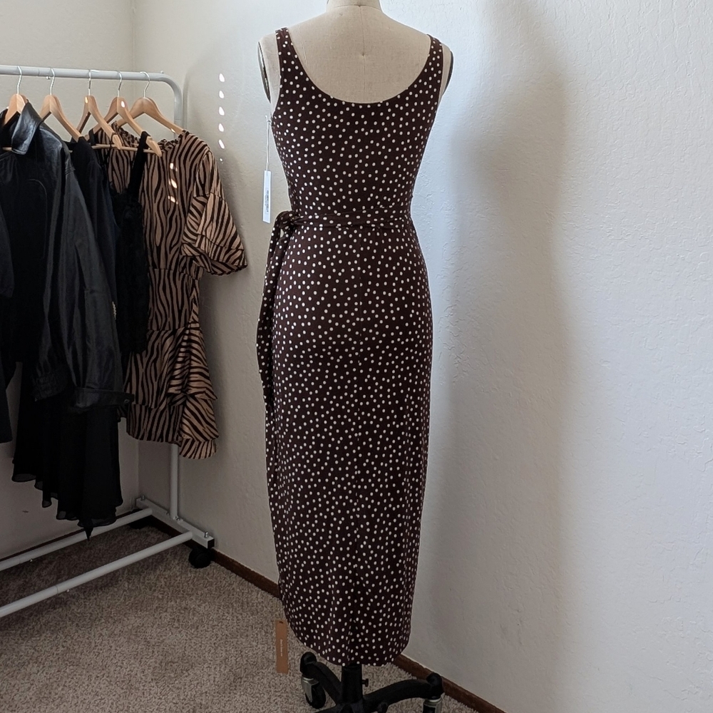 NWT Reformation Kaila Knit Wrap Midi Dress in Mocha with Polka Dots Size Small - Picture 6 of 10